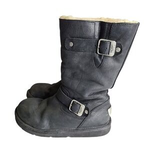 UGG Australia 5678 Leather Moto Harness Boots Kensington Sheepskin Black Size 6